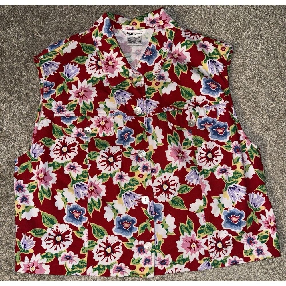Talbots Button Up Denim Crop Tank Top Western Vest Red Flowers Size XL